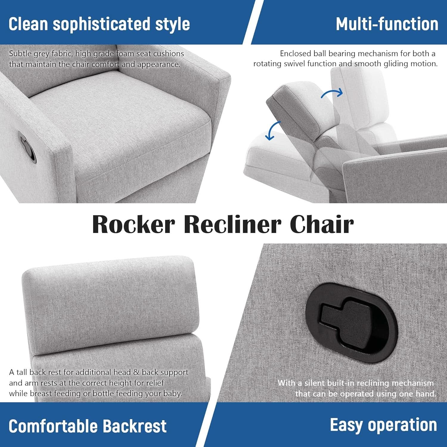 Gray Swivel Recliner Chair With Glider And Headrest