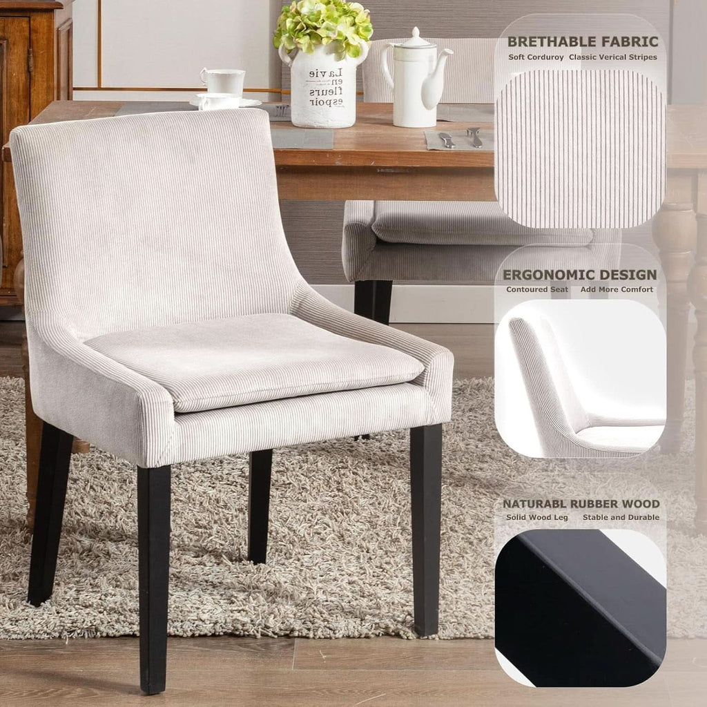 Beige Corduroy Upholstered Dining Chairs Set Of 2 With Wood Legs