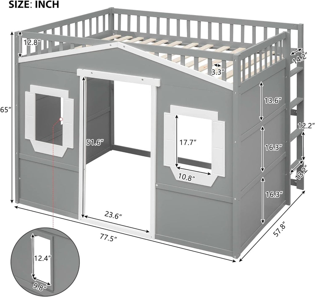 Full Size Playhouse Loft Bed With Window And Ladder