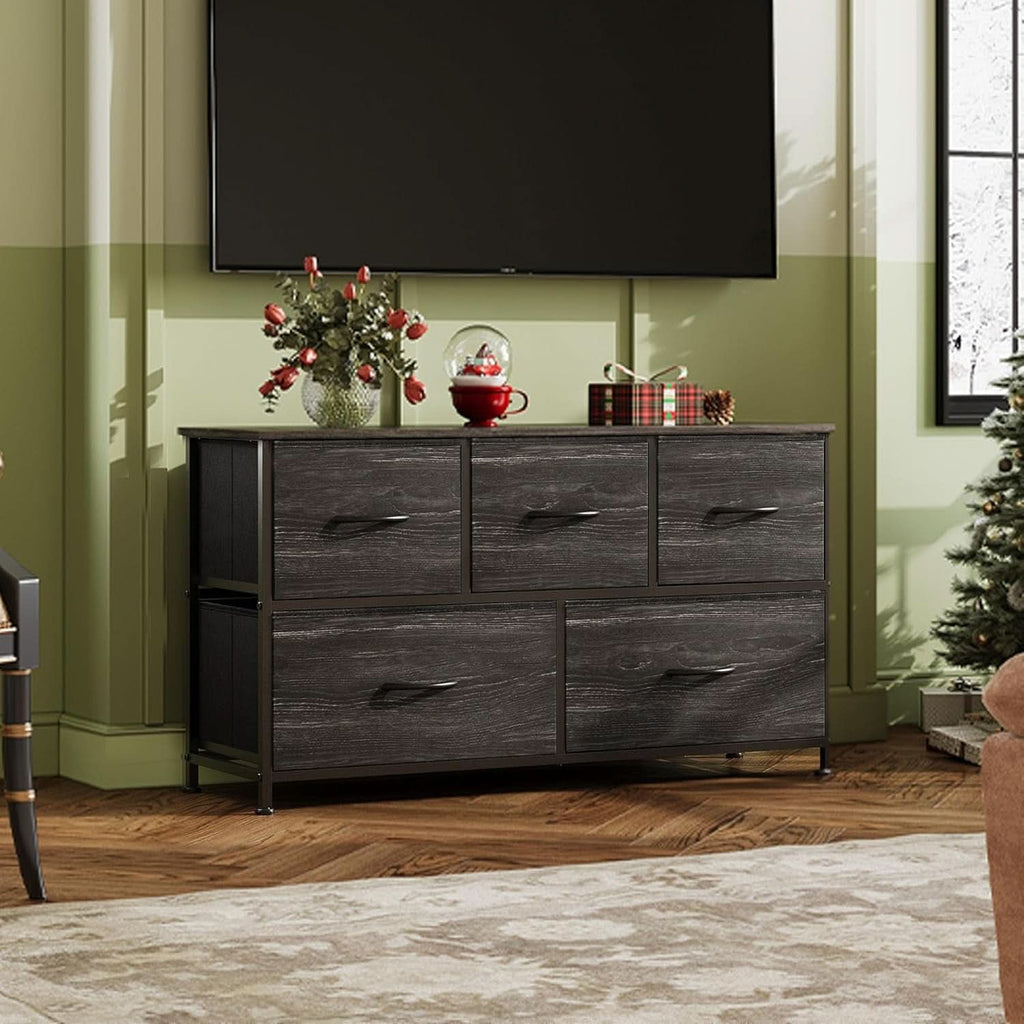 Charcoal Black Wood Grain Dresser With 5 Drawers And Fabric Bins