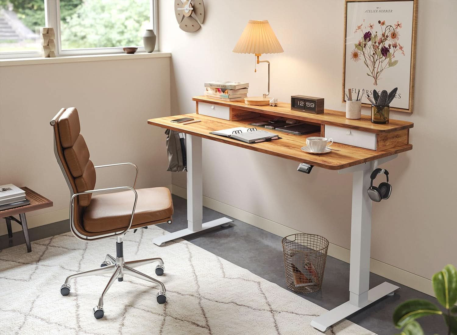 48 By 24 Inch Height Adjustable Electric Standing Desk With Double Drawers