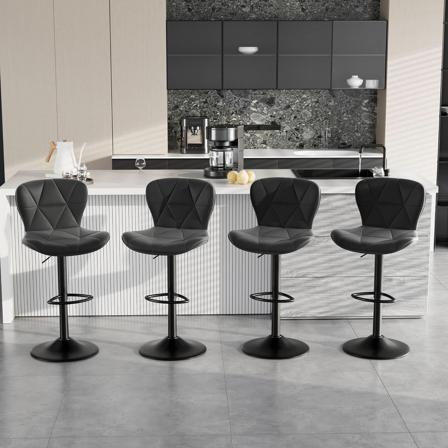 Bar Stools Set Of 2 Adjustable Swivel Faux Leather Black