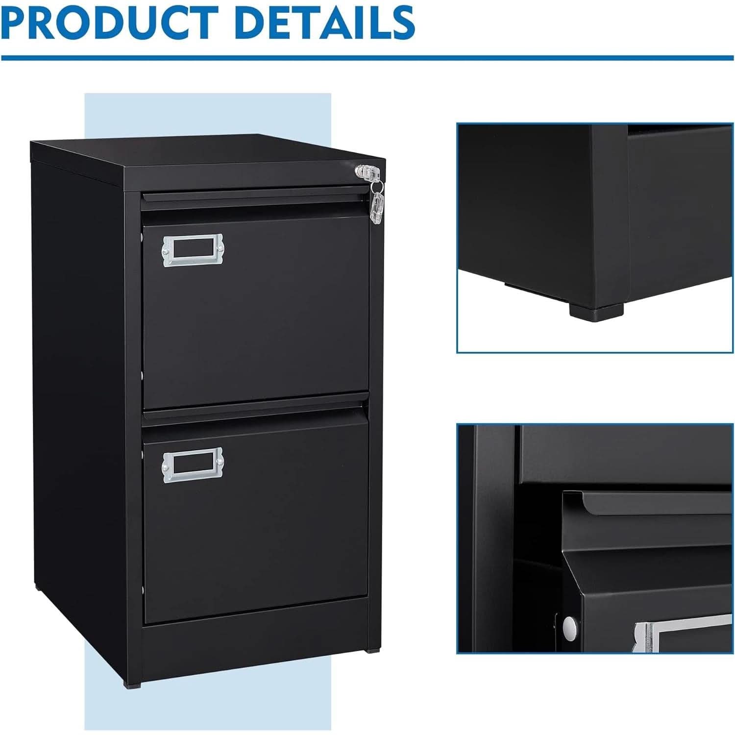 Black Metal Vertical File Cabinet With Lock 2 Drawers