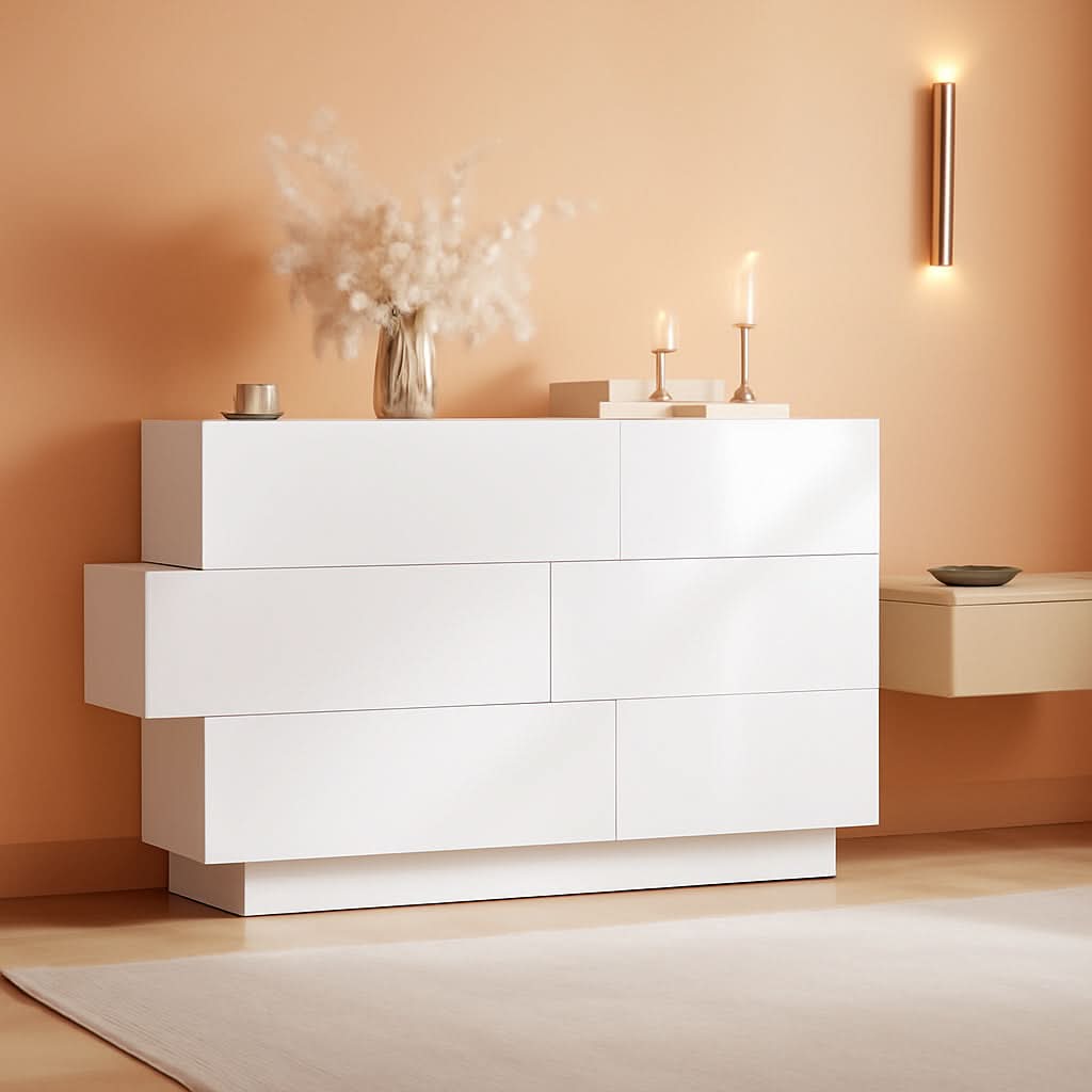 White High Gloss Six Drawer Dresser With Asymmetrical Design