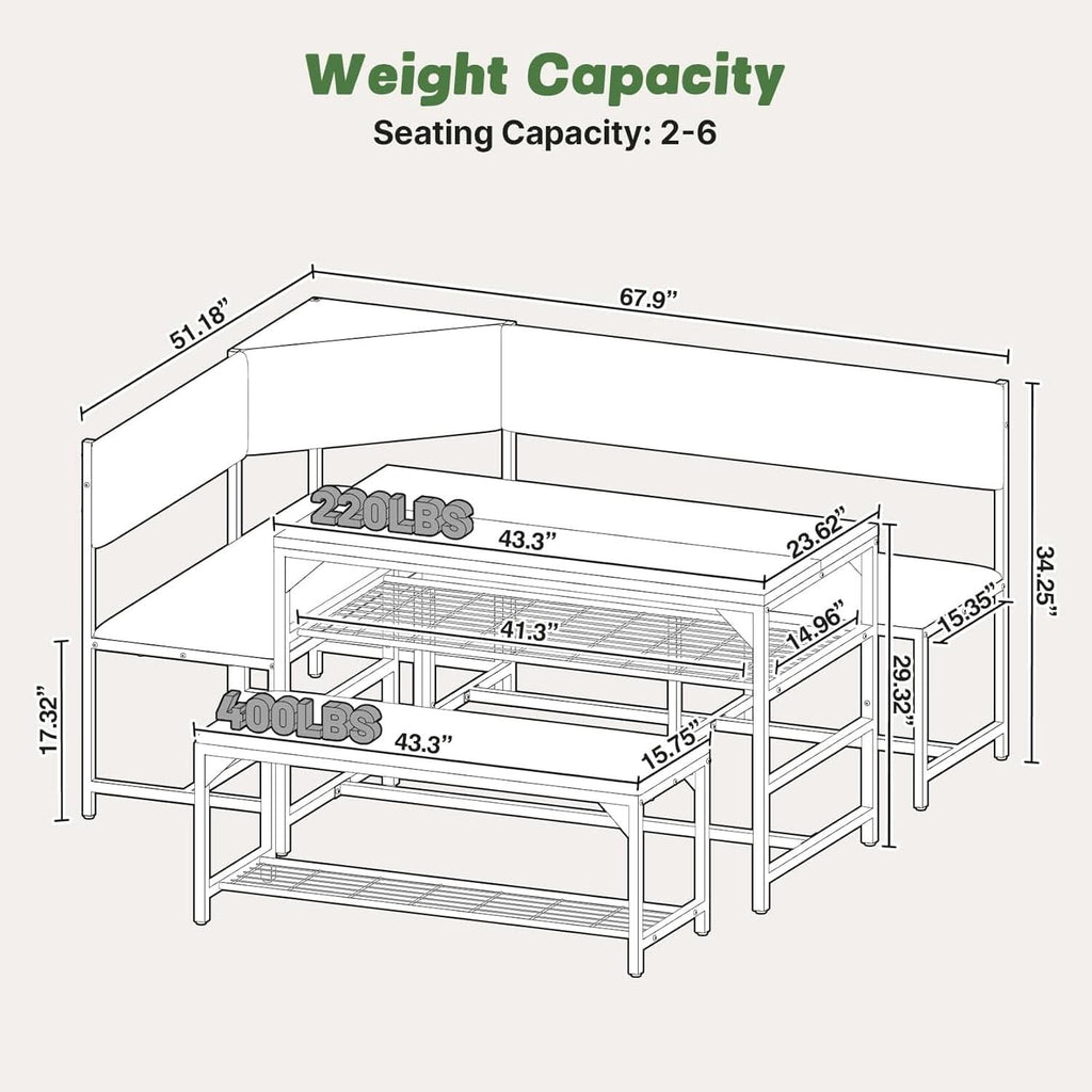 Corner Dining Table Set Space Saving Graphite Grey 4To6