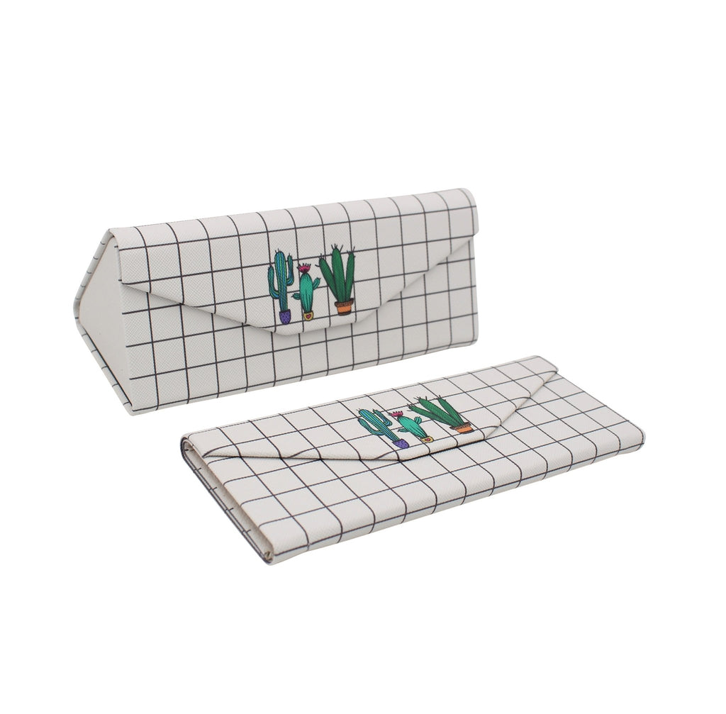 Grid Cactus Print Glasses Case - Vegan Leather Magic Folding Hardcase