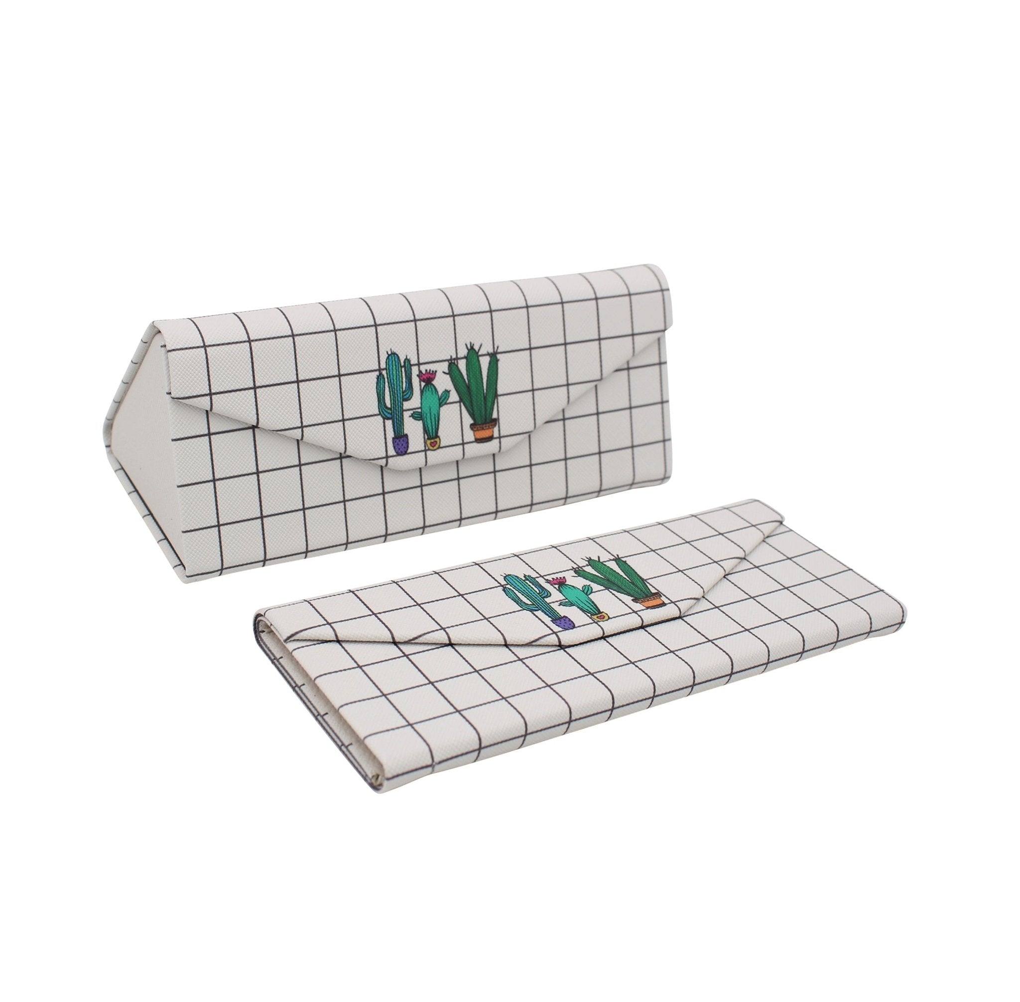 Grid Cactus Print Glasses Case - Vegan Leather Magic Folding Hardcase