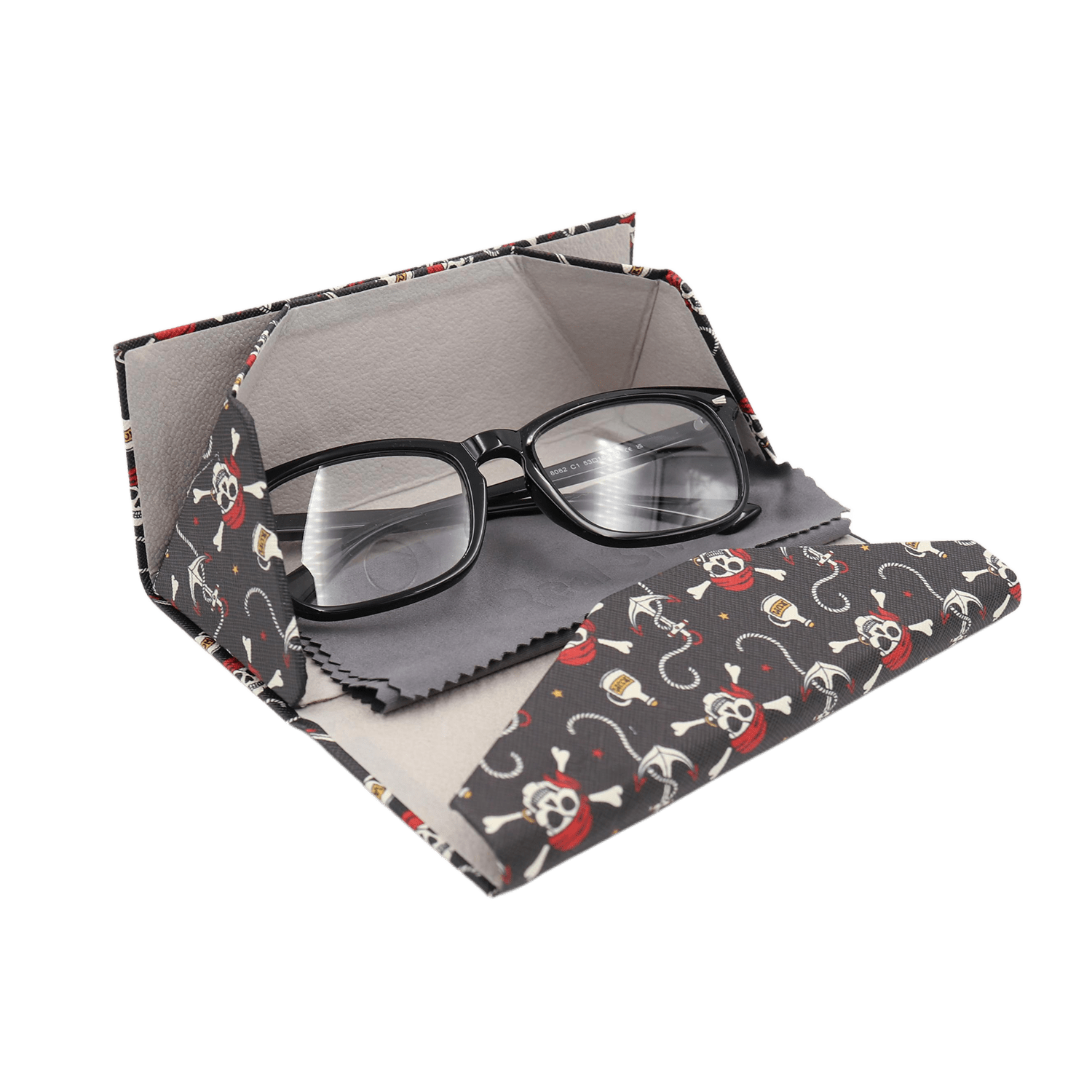Pirate Skully / Jolly Roger Print Glasses Case - Vegan Leather Magic Folding Hard Case
