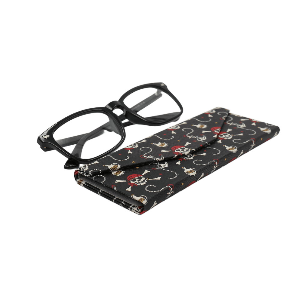 Pirate Skully / Jolly Roger Print Glasses Case - Vegan Leather Magic Folding Hard Case