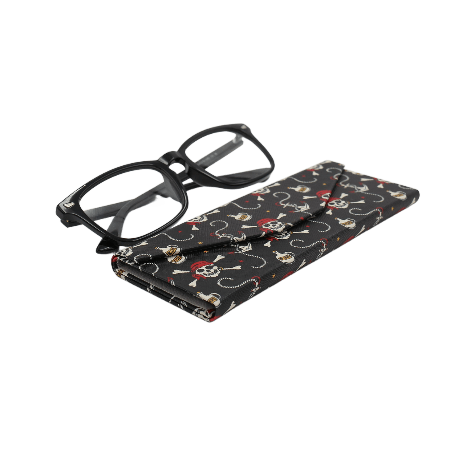 Pirate Skully / Jolly Roger Print Glasses Case - Vegan Leather Magic Folding Hard Case