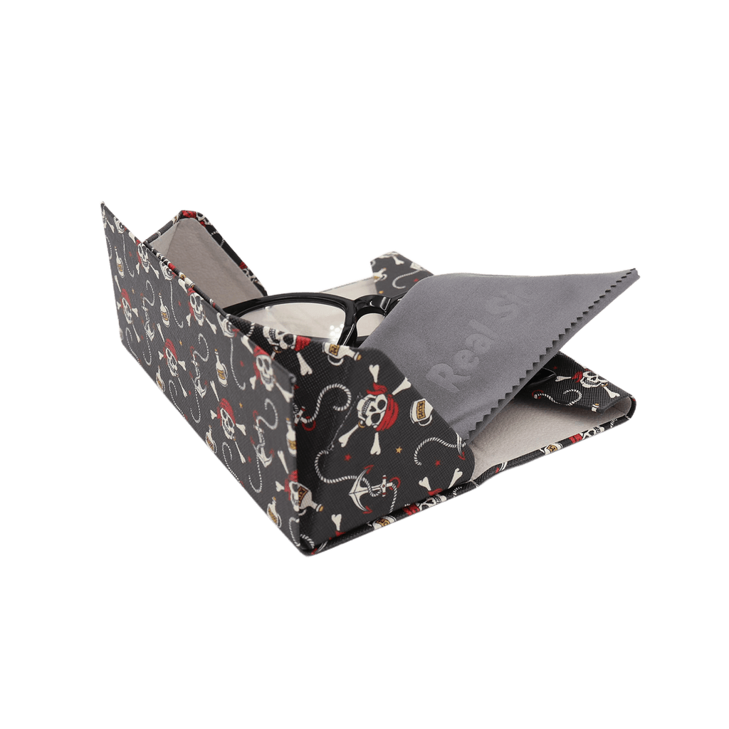 Pirate Skully / Jolly Roger Print Glasses Case - Vegan Leather Magic Folding Hard Case