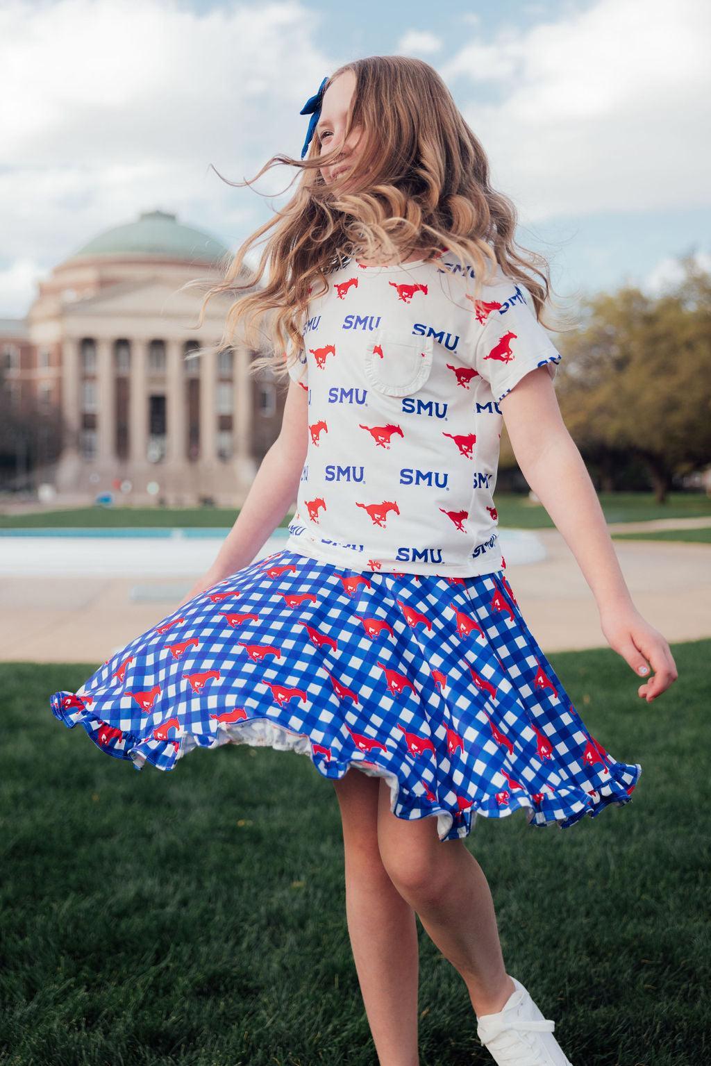 SMU White Mustang Ruffle Pocket Tee