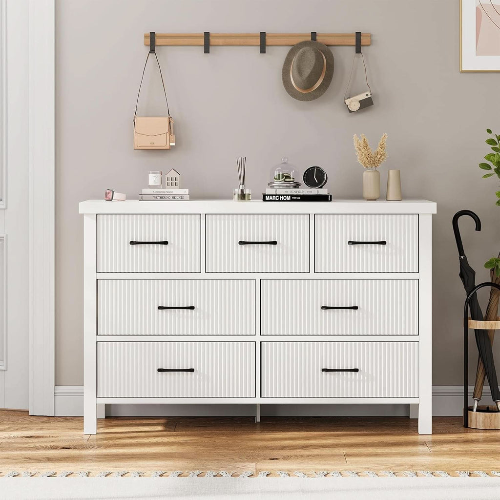 White 7 Drawer Dresser With Modern Fluted Panels And Solid Wood Legs