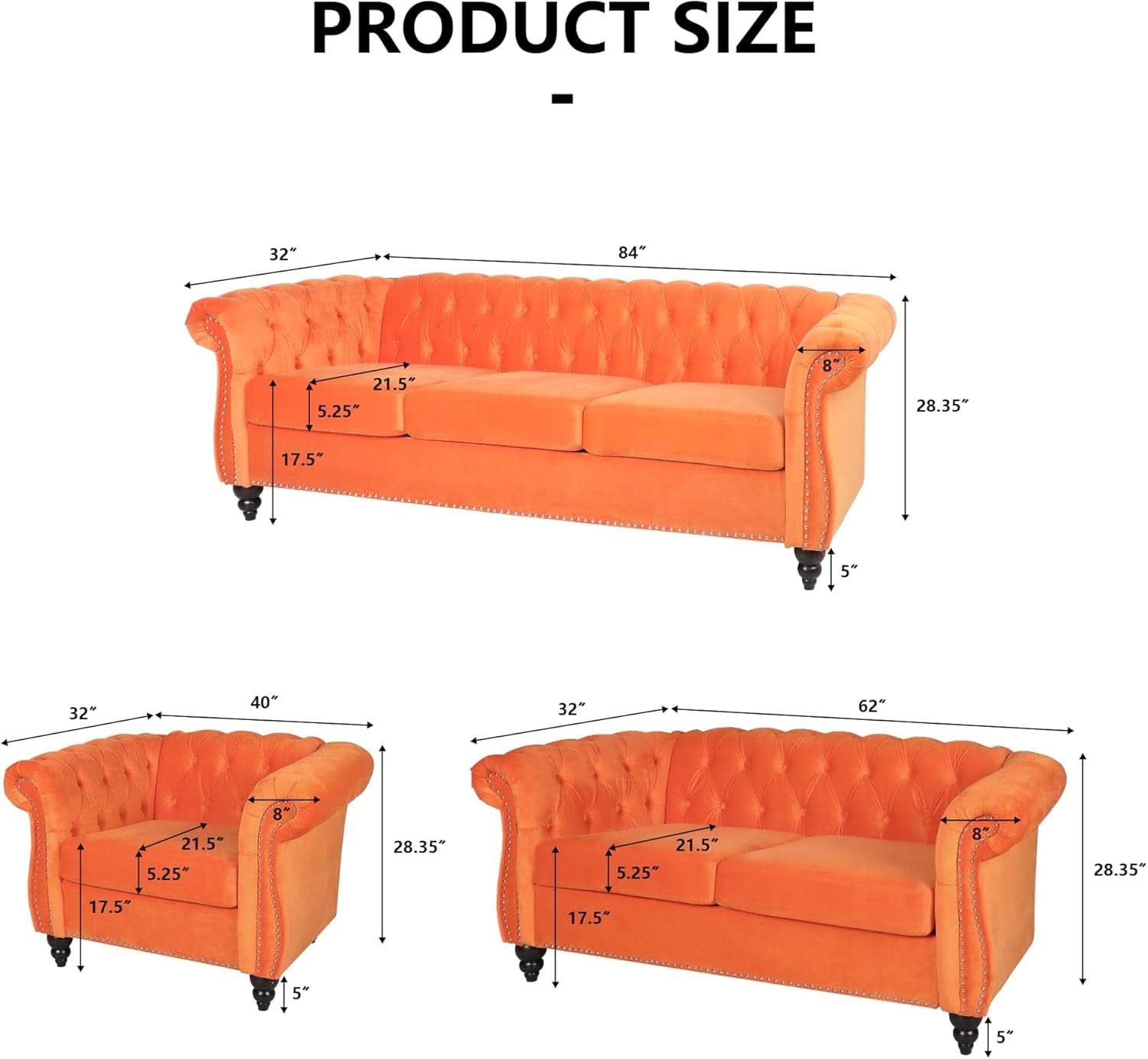 3 Piece Orange Velvet Living Room Sofa Set Includes Loveseat And Club Chair Durable Upholstery