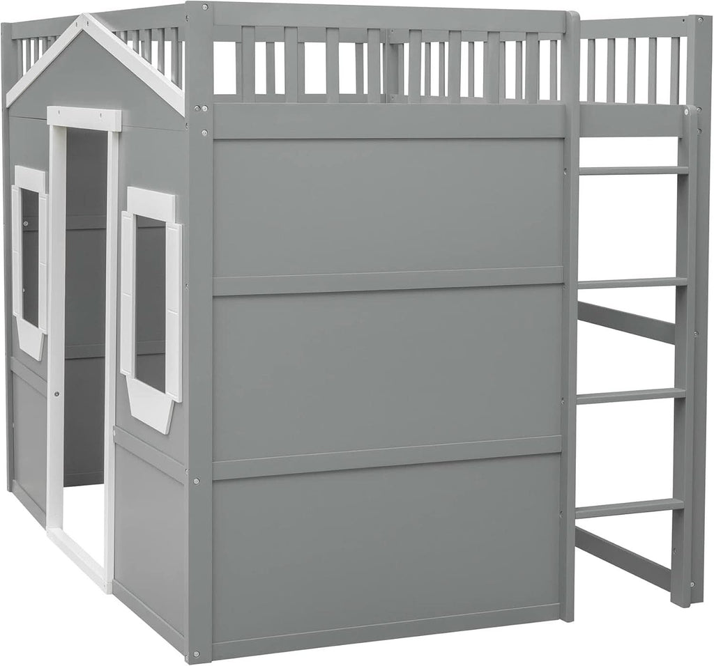 Full Size Playhouse Loft Bed With Window And Ladder