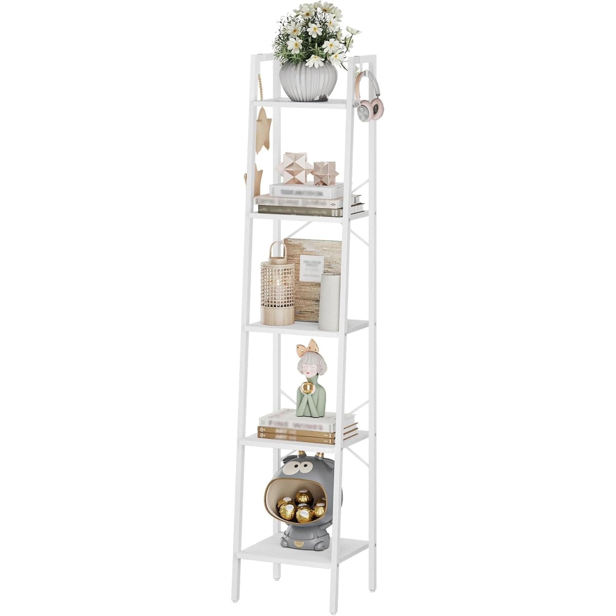 5 Tier White Ladder Shelf Bookcase With Two Hooks For Corner
