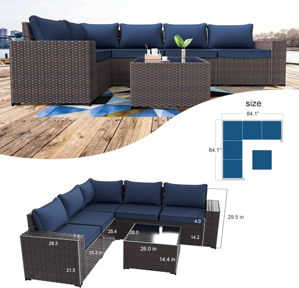 Navy Blue 6 Piece Outdoor Patio Sectional Sofa Set With PE Rattan