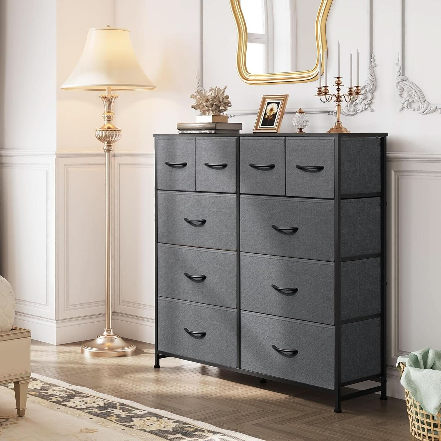 Dark Grey Fabric Dresser With 10 Drawers For Bedroom