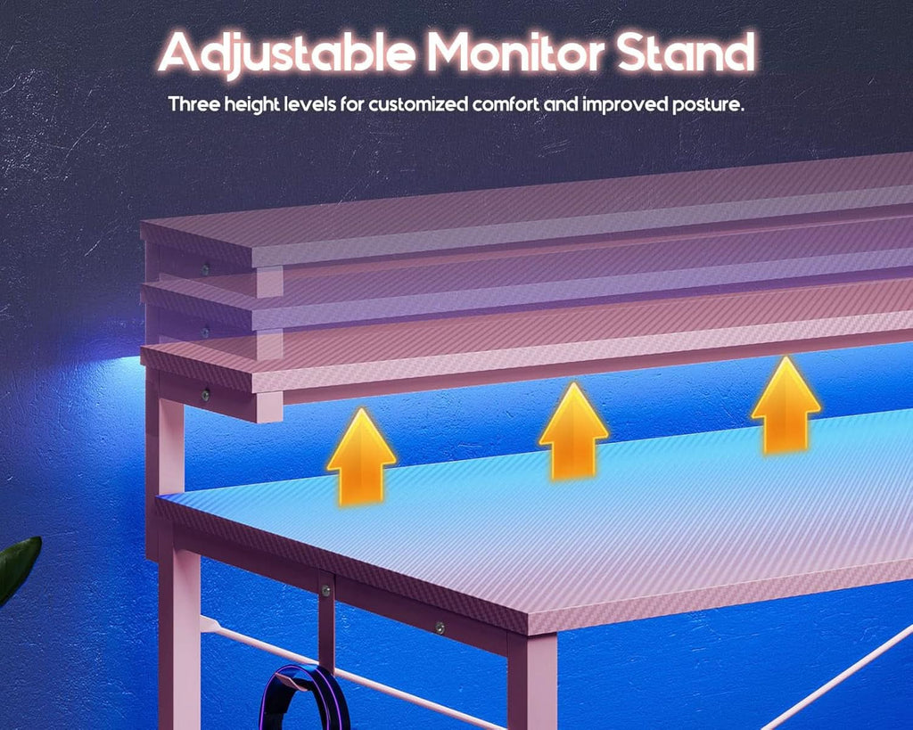 40 Inch Pink Gaming Desk With Led Lights And Power Outlet