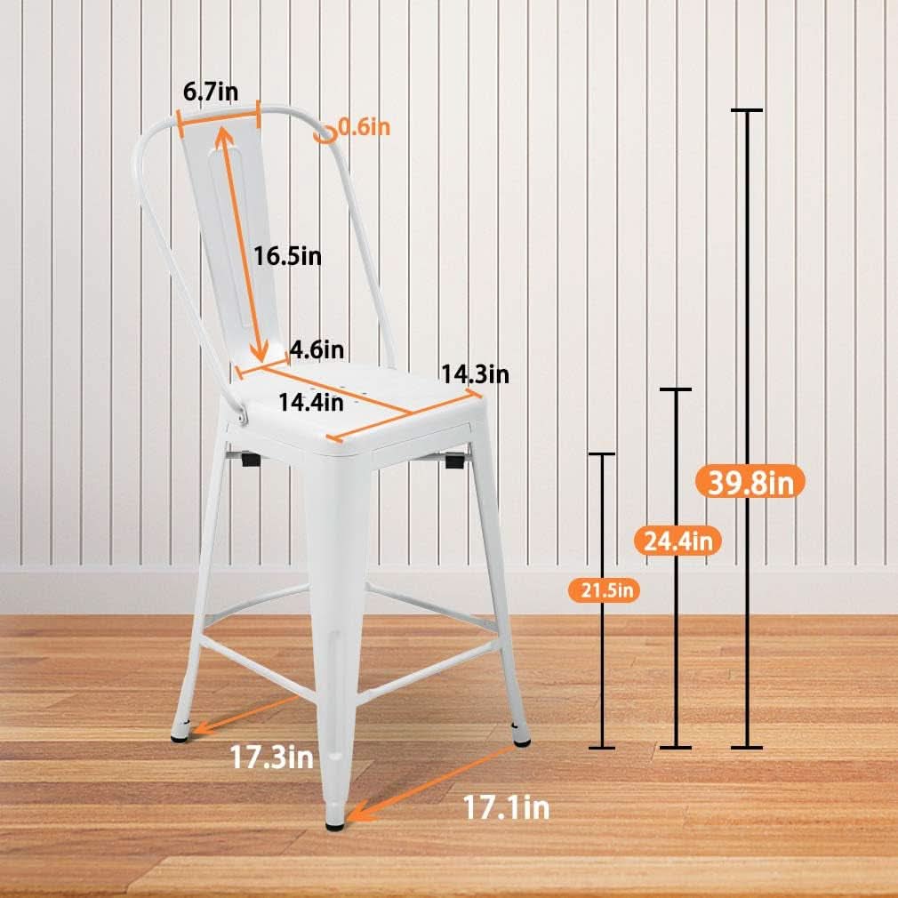 24 Inch Stackable Metal Bar Stool Set Of 4 With Backrest White Matte Finish For Kitchen Island Area