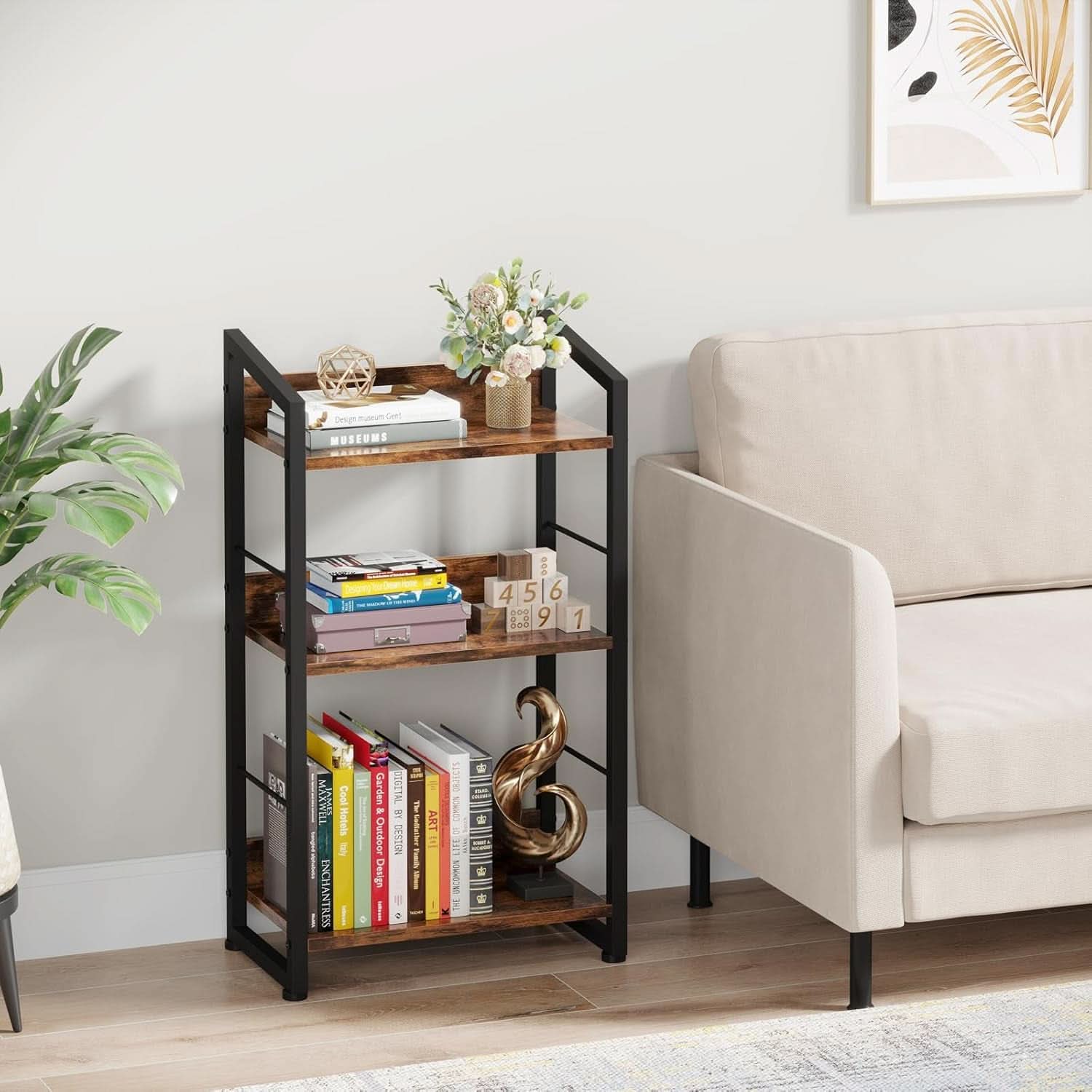3 Tier Wooden Bookshelf With Edge Protection Vintage Brown