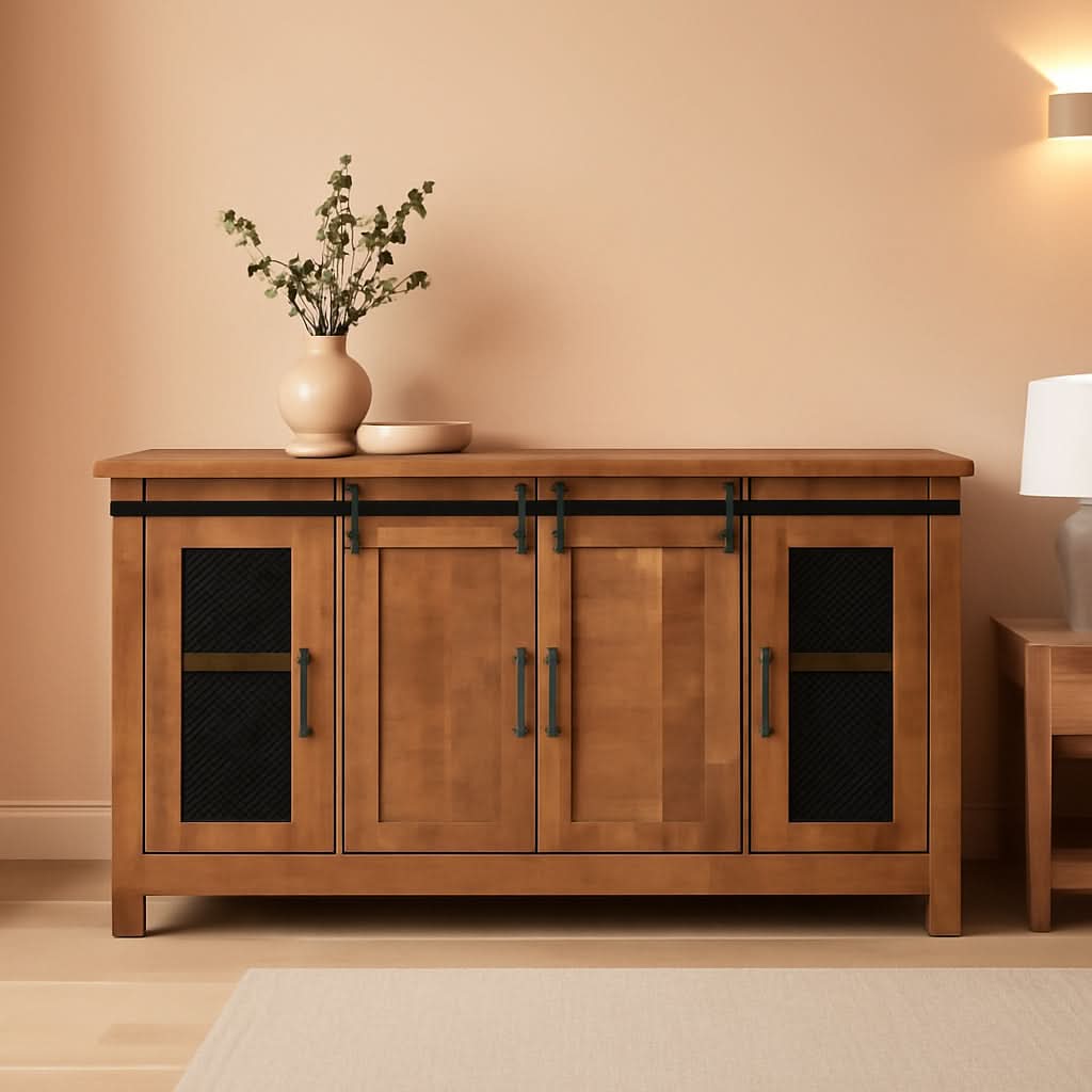 65 Inch Solid Wood TV Stand Honey Tobacco With Rustic Doors