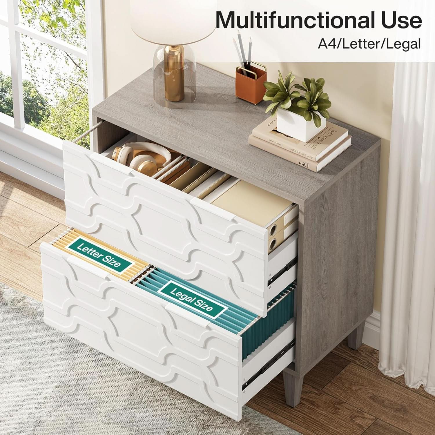 Two Drawer Lateral File Cabinet White And Gray For A4 Letter Legal Size Files Printer Stand