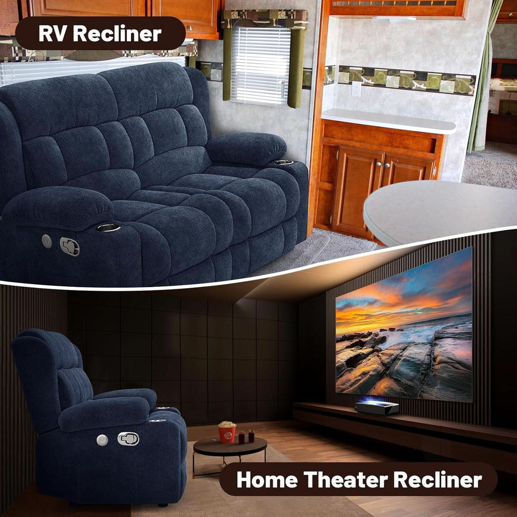 Blue Fabric Reclining Loveseat With USB Ports For Living Room