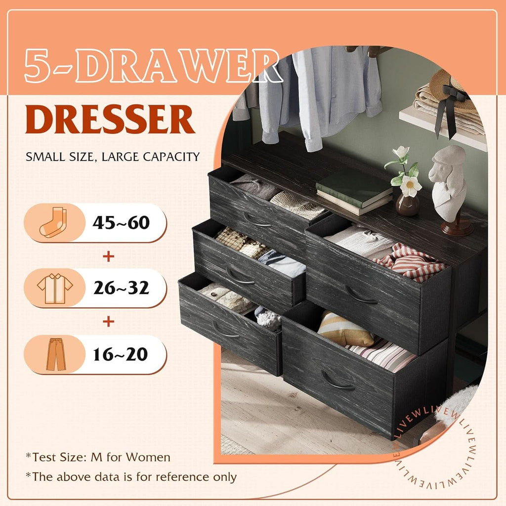 Fabric Dresser With 5 Drawers Charcoal Black Wood Grain