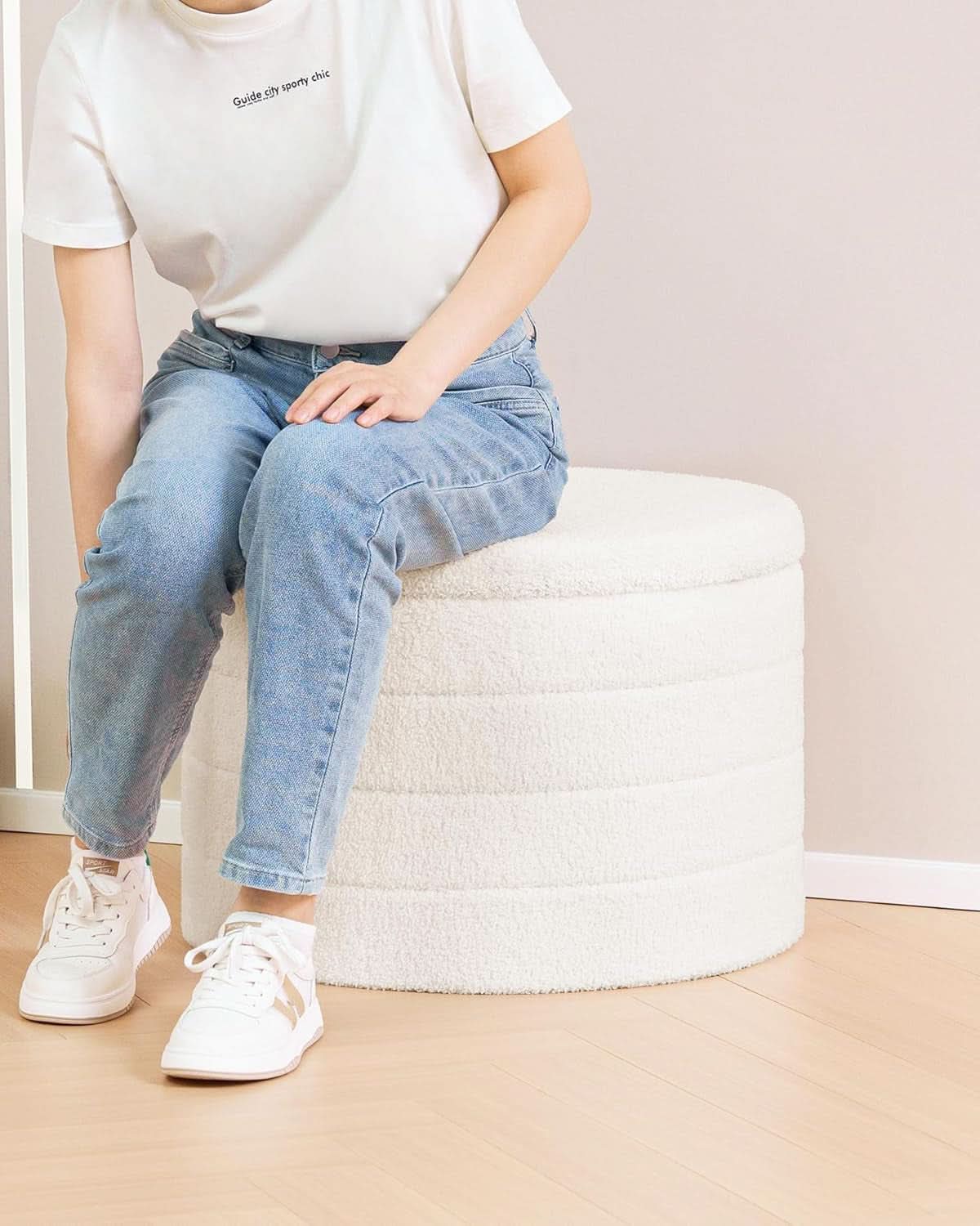 White Twenty TwoIn Round Sherpa Boucle Ottoman Tray