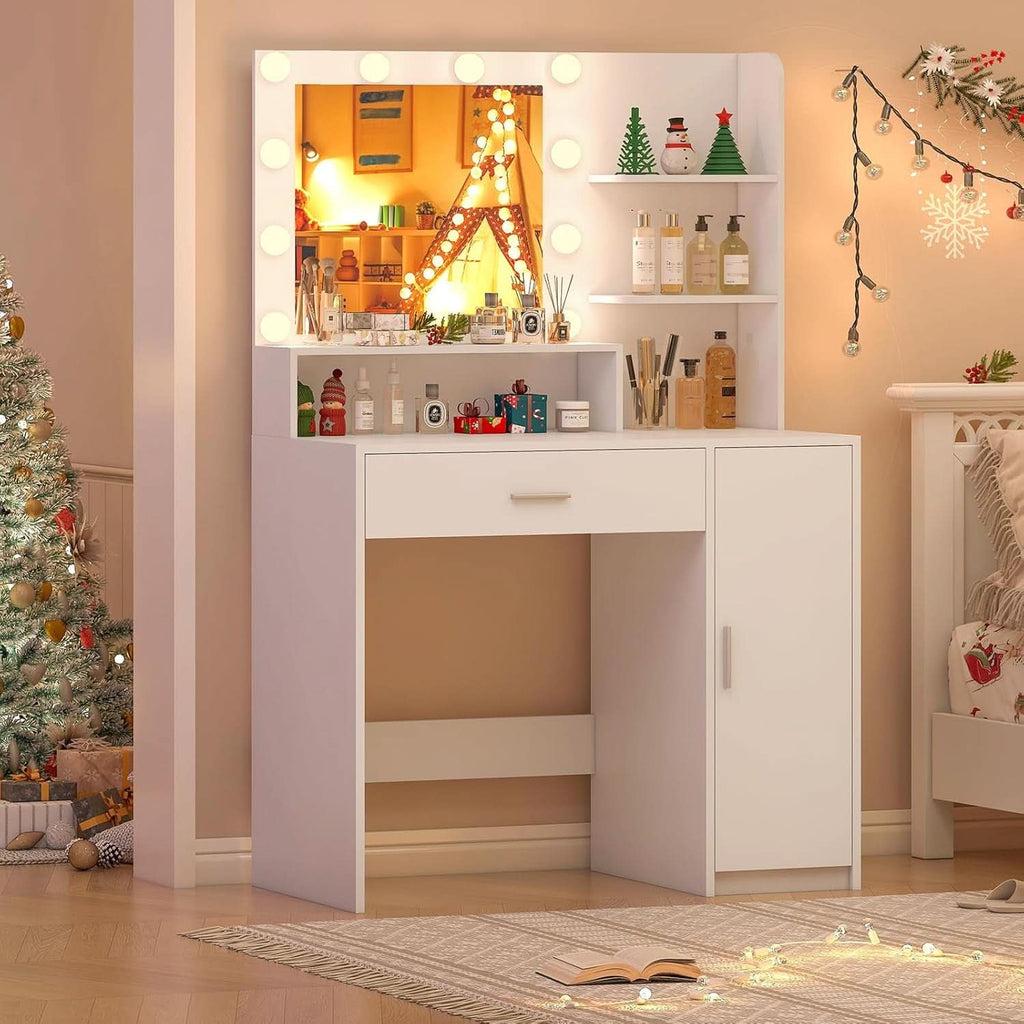 White Vanity Desk With Mirror And Lights Storage Drawers