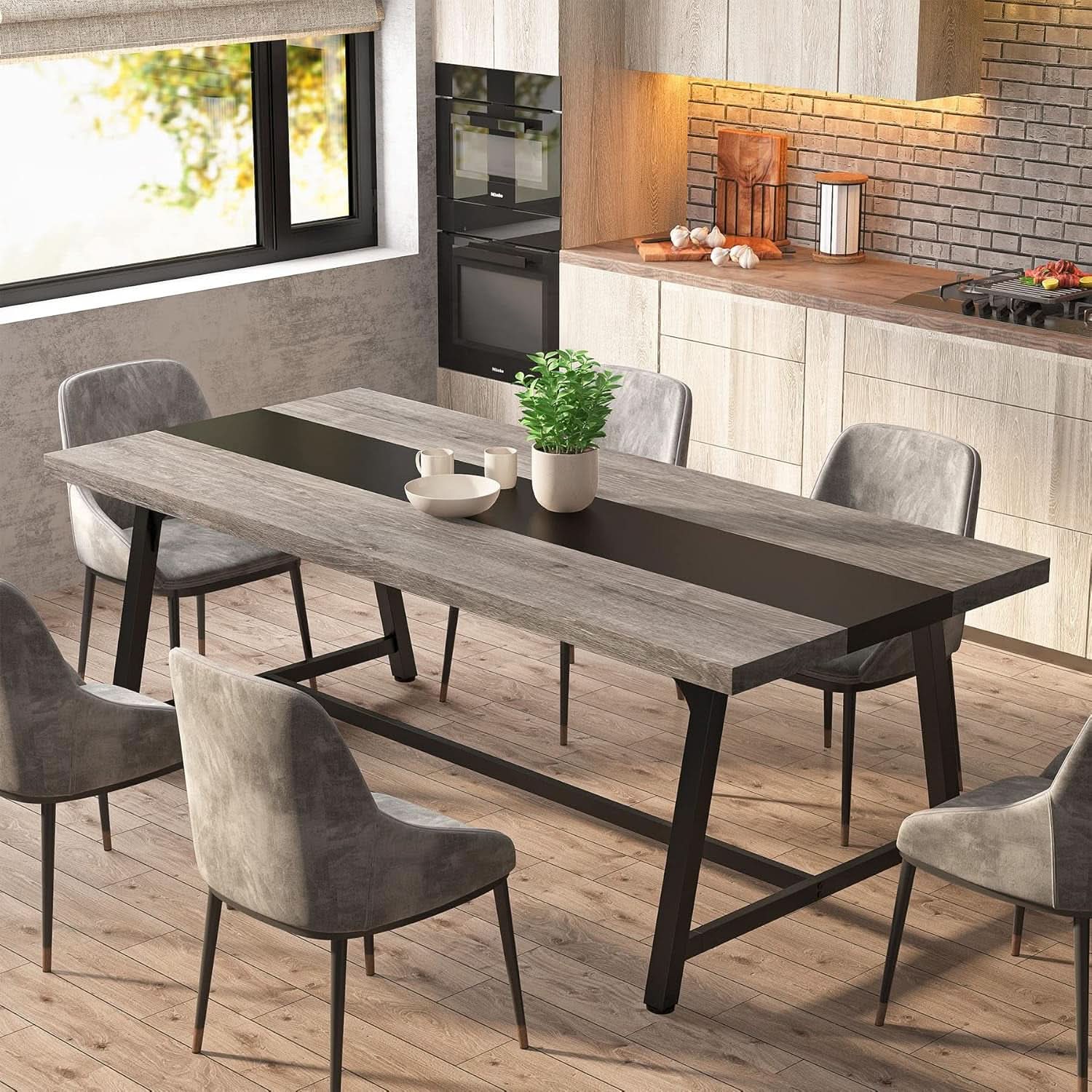 70.87 Inch Dining Table For 8 With Metal Frame In Gray
