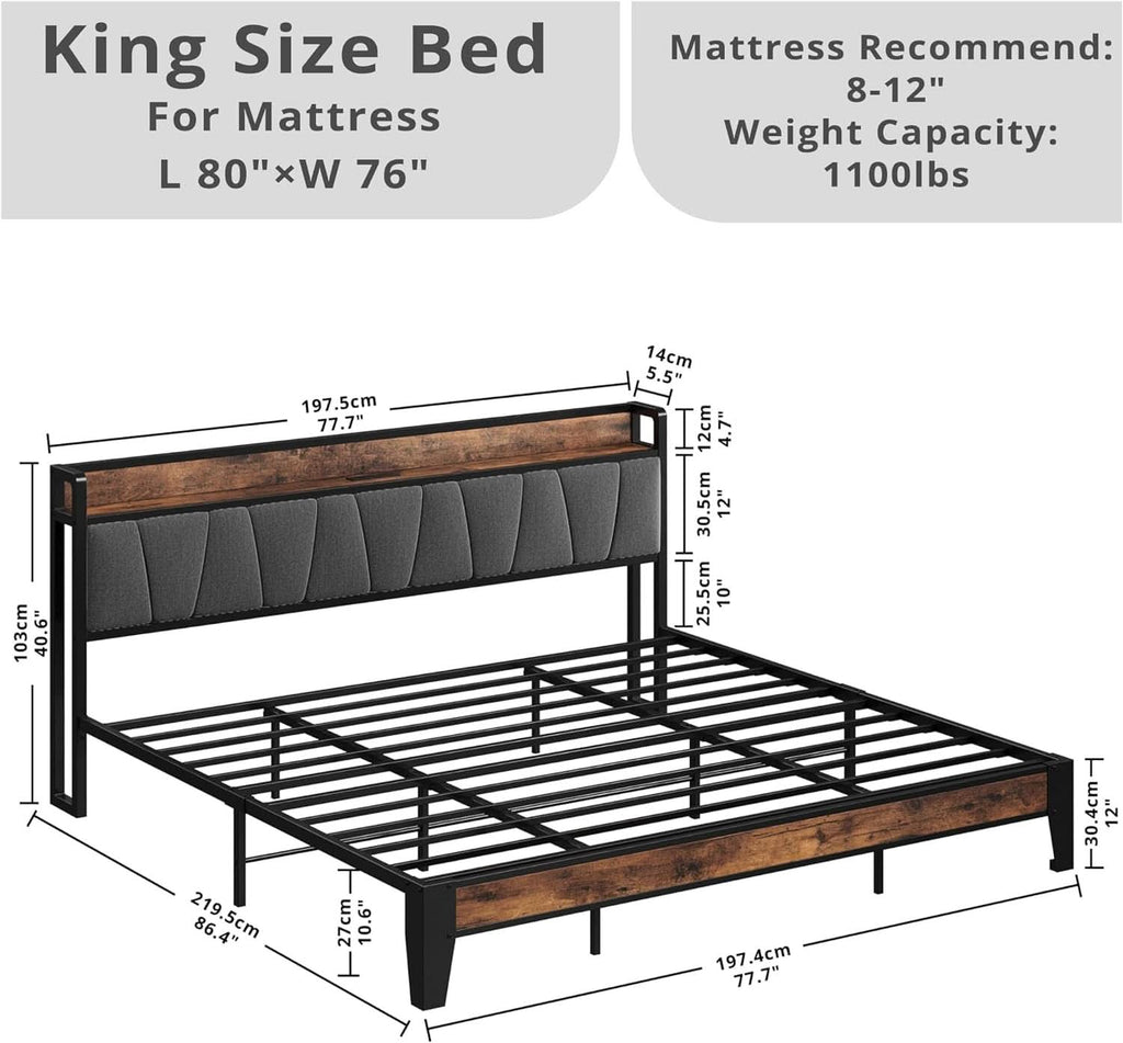 King Size Bed Frame With Storage Headboard And USB Charging Ports