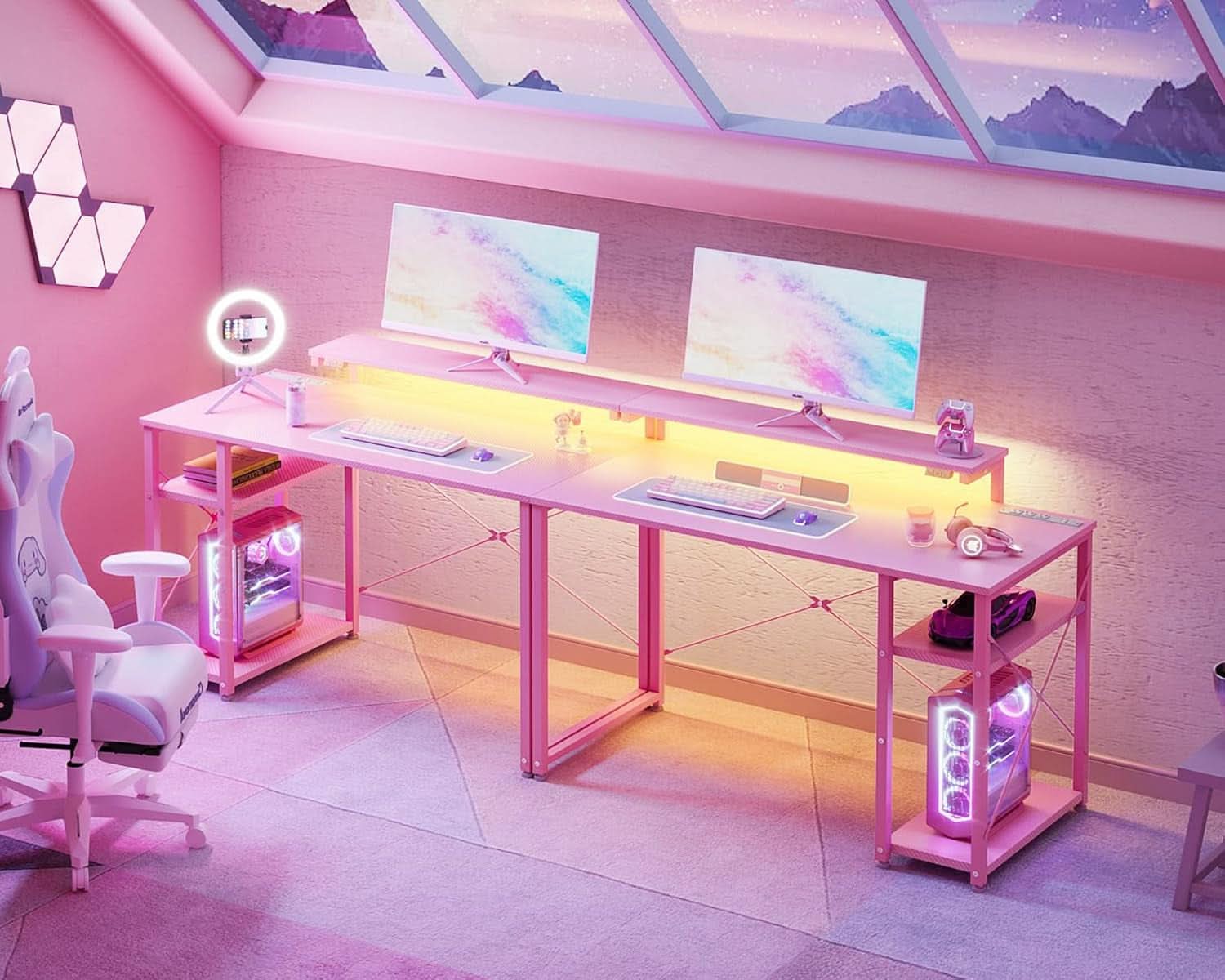 40 Inch Pink Gaming Desk With Led Lights And Power Outlet