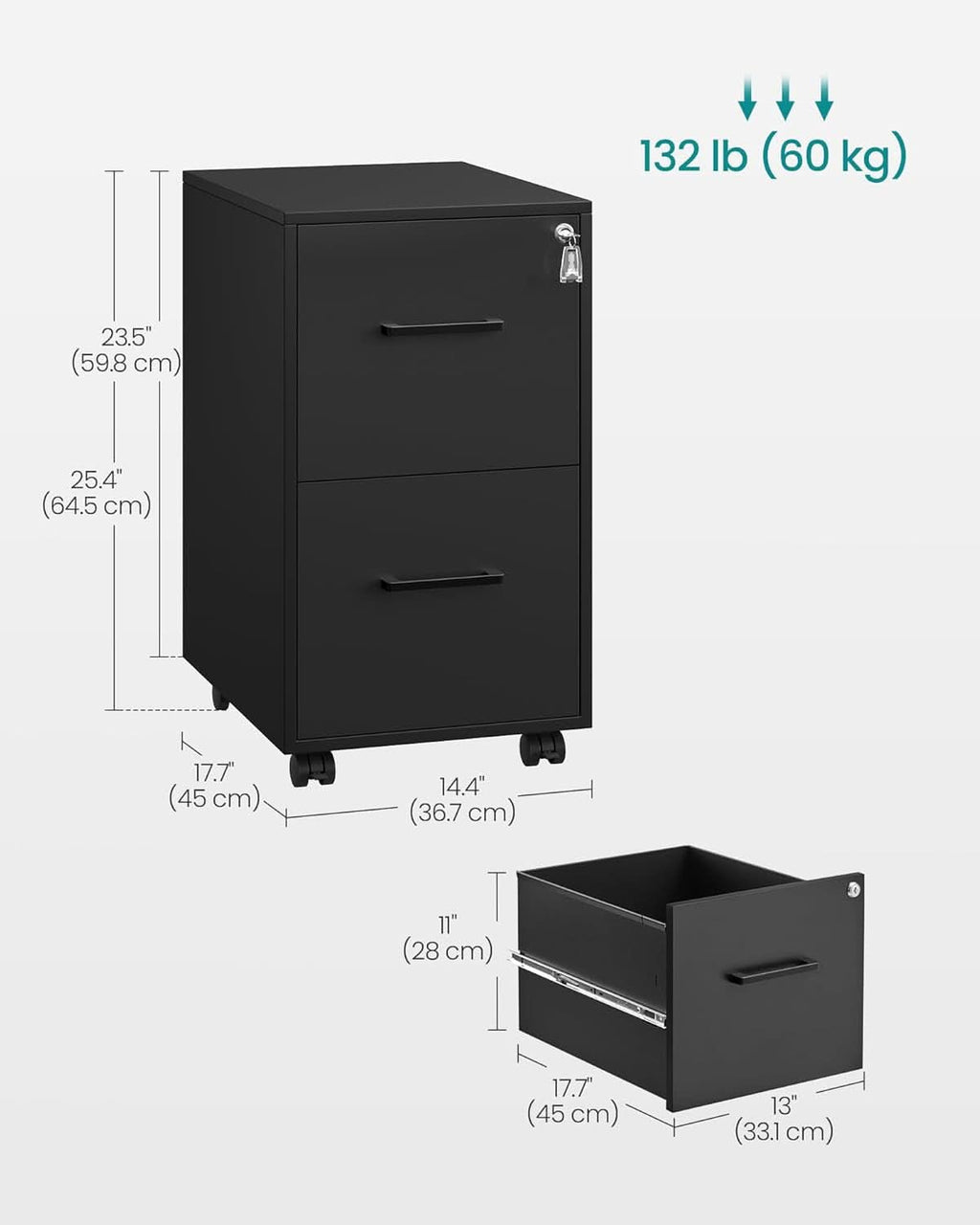 Matte Black Locking File Cabinet 17.7 X 14.4 X 25.4 Inches