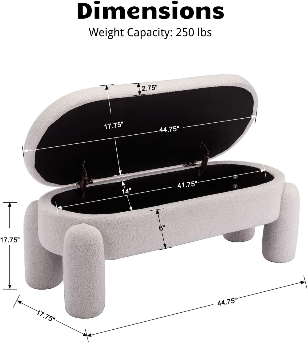 44.7-Inch White Boucle Upholstered Storage Ottoman Bench