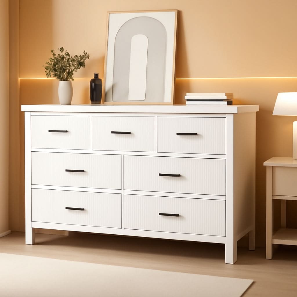 White 7 Drawer Dresser With Modern Fluted Panels And Solid Wood Legs
