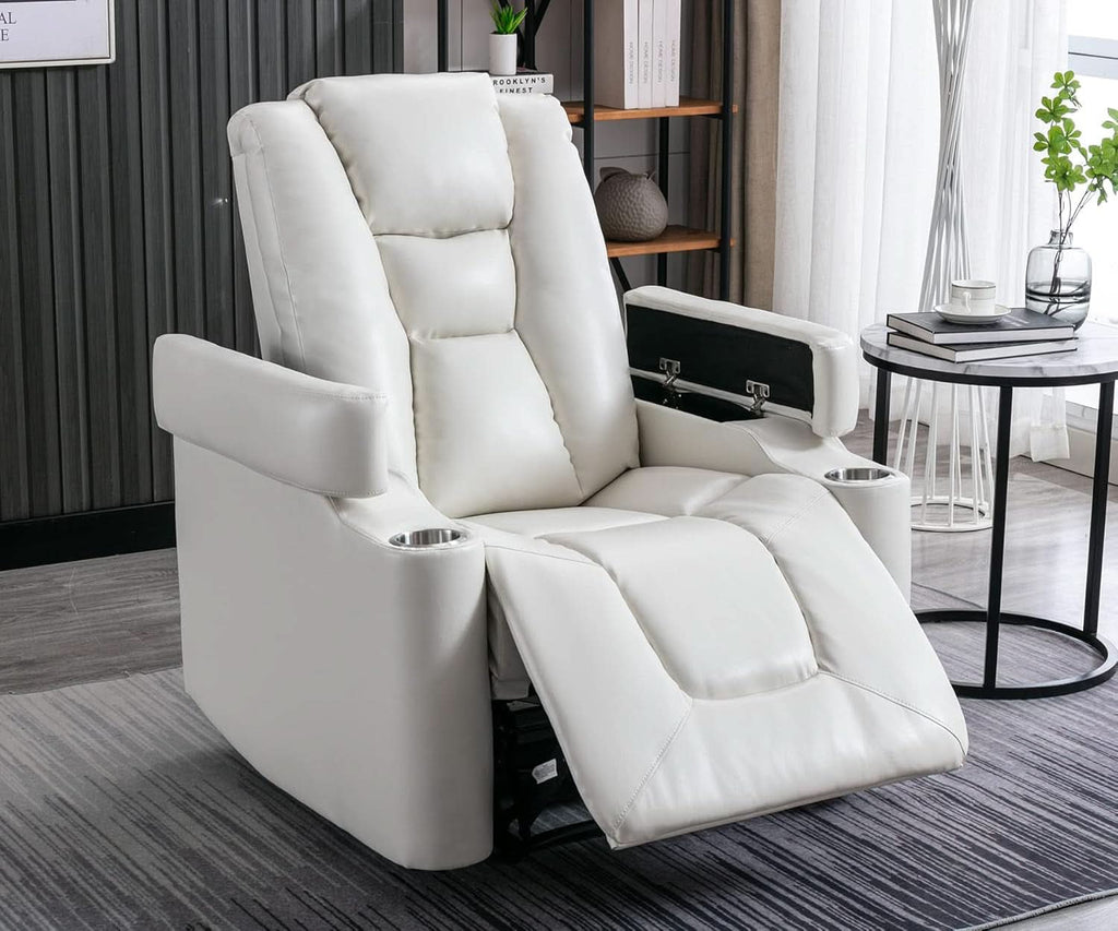 Cream White Power Recliner Chair With USB Ports And Hidden Storage