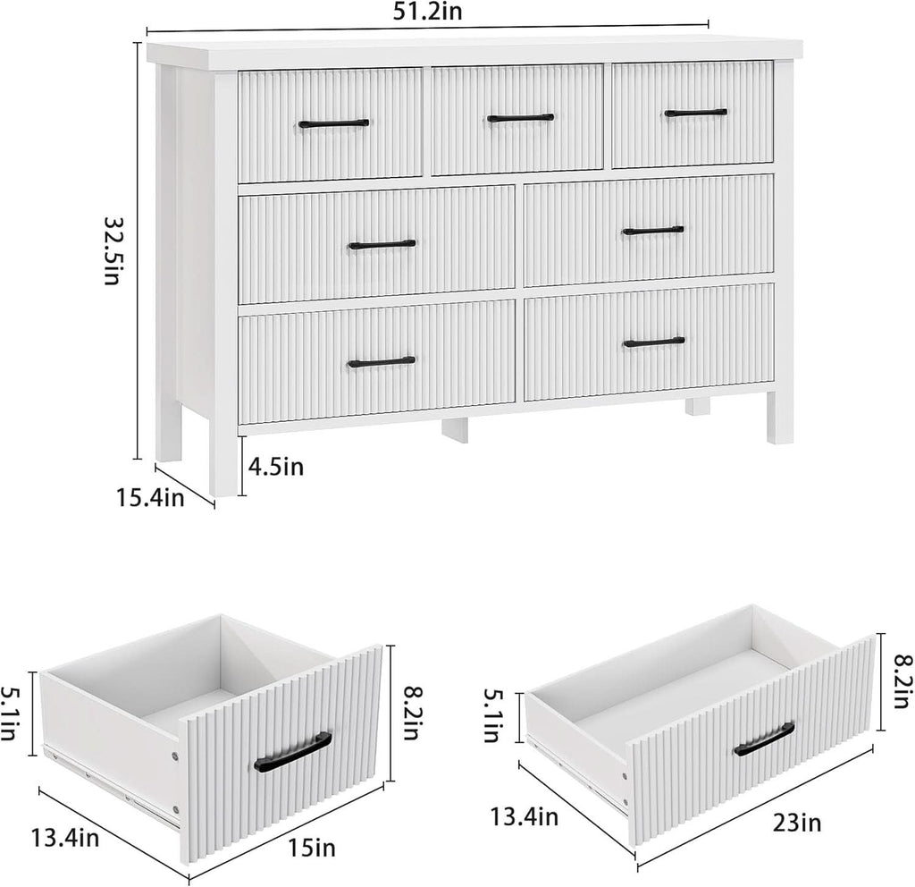 White 7 Drawer Dresser With Modern Fluted Panels And Solid Wood Legs