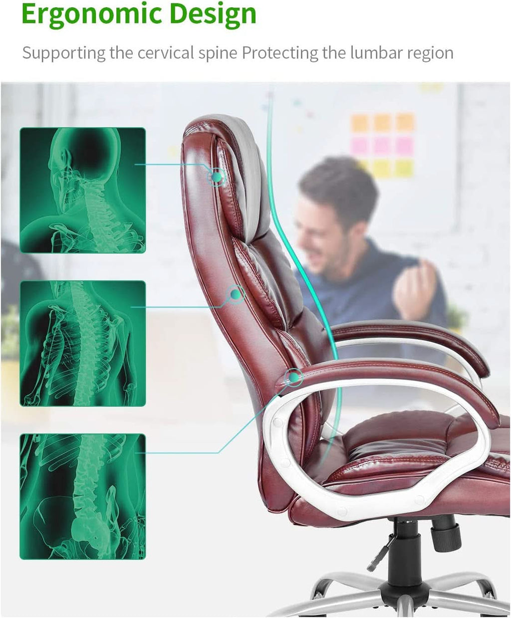 Ergonomic High Back Office Chair Adjustable PU Leather With Armrests Brown