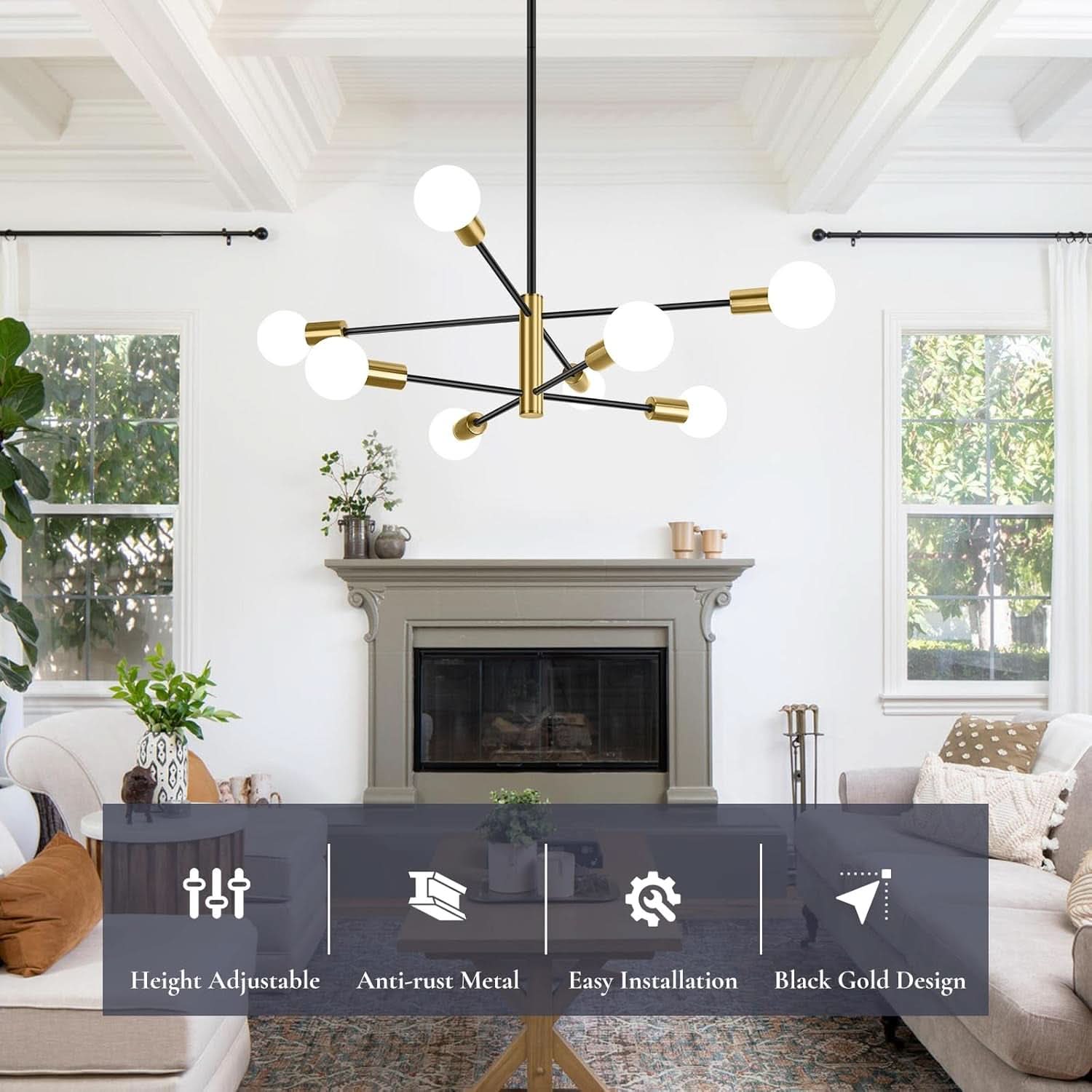 Eight Light Modern Sputnik Chandelier Black And Gold