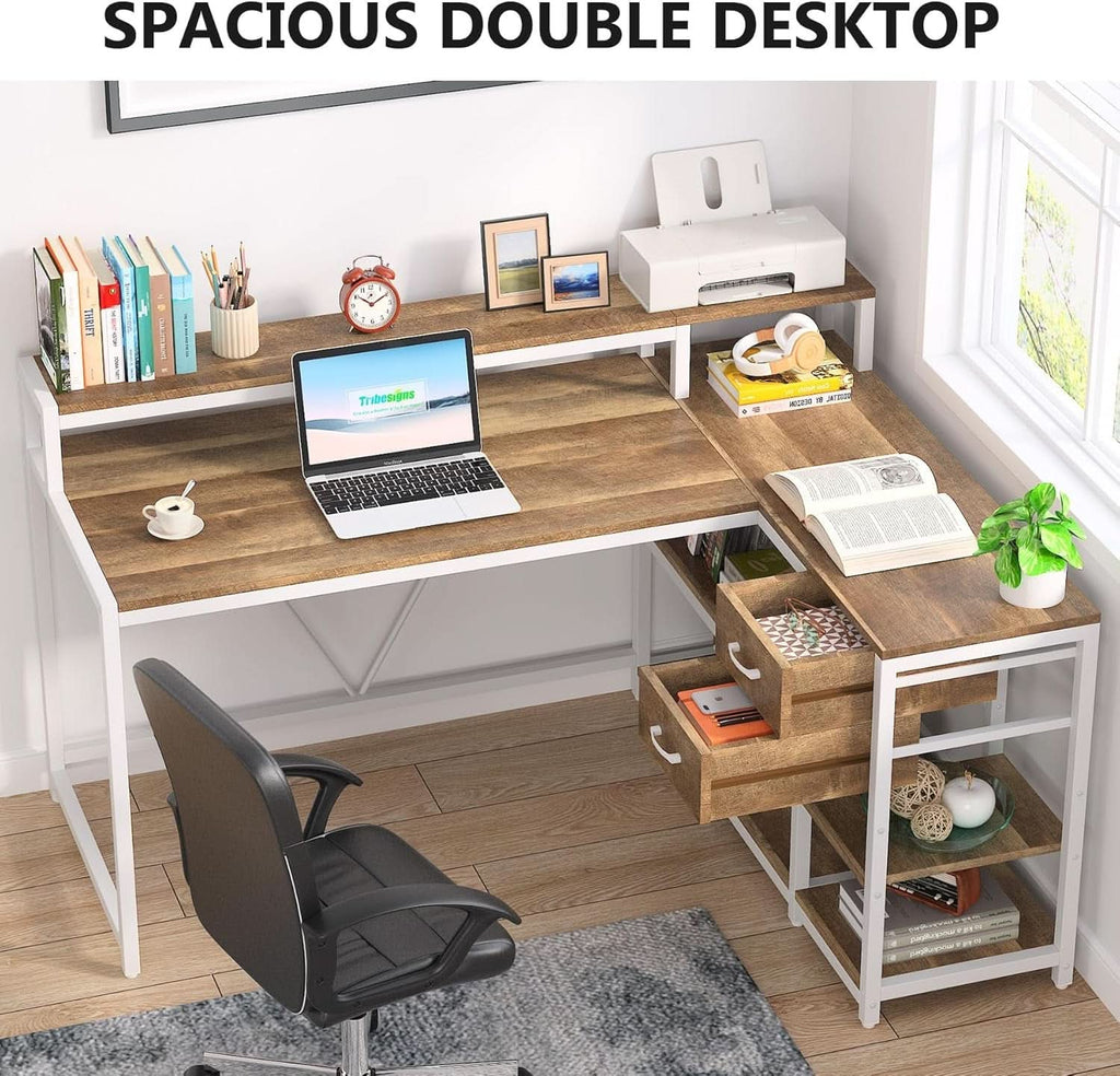 L Shaped Desk With Drawers And Monitor Stand Beige Wood